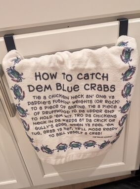 How to Catch Dem Blue Crabs Embroidered Kitchen Towel - White